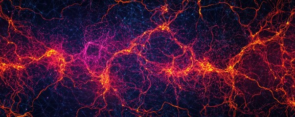 Poster - Abstract image showcasing vibrant orange and purple threads resembling energy or cosmic structures against a dark background.
