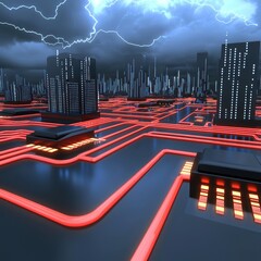 Poster - Futuristic Cityscape with Neon Lights and Digital Circuitry Design