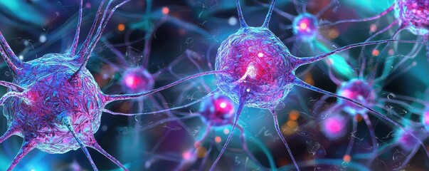 Poster - A vibrant, close-up view of colorful, glowing cells, showcasing intricate details and structures within a biological context.