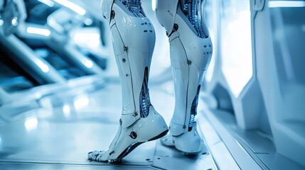 Poster - Futuristic Robot Legs in High-Tech Environment with Bright Lighting