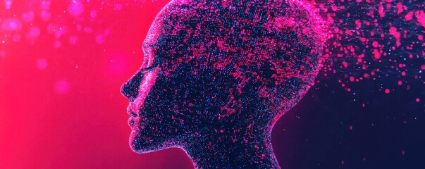 Poster - A vibrant silhouette of a human head, composed of glowing particles, creating an ethereal and futuristic effect against a pink background.