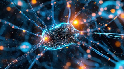 Poster - A vibrant, digital representation of a neuron network, showcasing intricate connections and glowing particles.