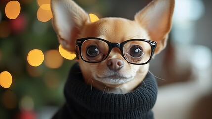 Poster - Cute Chihuahua in Stylish Black Sweater and Glasses Smiling in a Cozy Holiday Setting : Generative AI