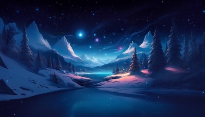 Aufkleber - A serene night landscape featuring snow-capped mountains and frosted trees under a vibrant starry sky with celestial glow.