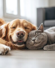 Poster - Adorable pair of a golden retriever and a gray cat cuddling together for a peaceful moment indoors : Generative AI