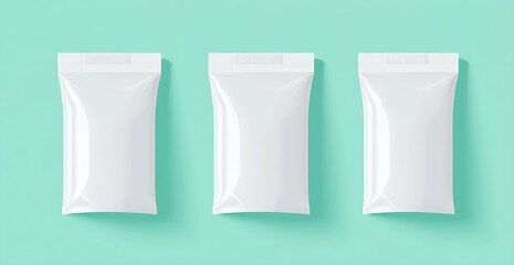 Poster - Three sleek white packaging bags displayed on a vibrant mint green background for product presentation : Generative AI