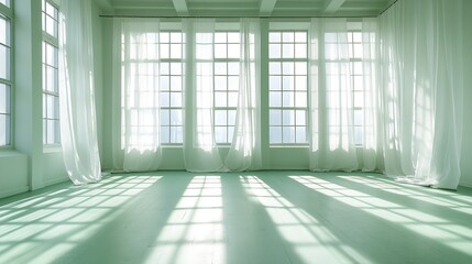 Aufkleber - Serene and minimalistic interior room featuring large windows and soft drapery for a calming atmosphere : Generative AI