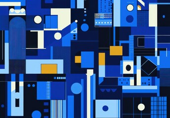 Poster - Abstract geometric composition in blue tones with contrasting shapes and patterns creating a modern and dynamic visual experience for creative projects