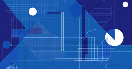 Poster - Abstract geometric design featuring blue color palette with lines, circles, and shapes creating a modern artistic background suitable for digital media