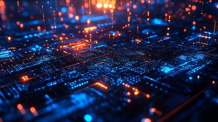 Poster - Hightech digital artwork with vibrant blue and orange light patterns over a grid layout : Generative AI