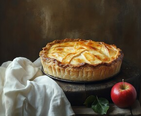 Poster - Delicious homemade apple pie fresh from the oven with golden crust and an apple on the side : Generative AI