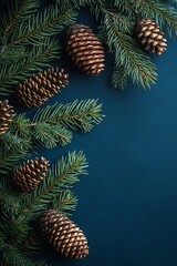 Poster - Natural Pine Cones and Evergreen Spruce Branches Arranged Artistically on a Dark Background : Generative AI
