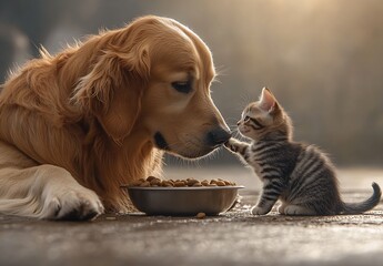 Poster - Golden Retriever and Kitten Sharing a Bowl of Food in Nature's Golden Glow : Generative AI