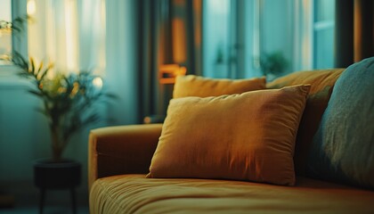 Poster - Charming sofa with plush orange and blue pillows illuminated by warm evening light creating a cozy vibe : Generative AI
