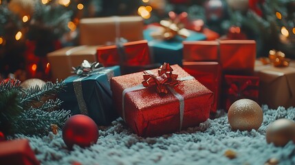 Aufkleber - Festively wrapped Christmas presents adorned with colorful bows and surrounded by holiday decorations and lights : Generative AI