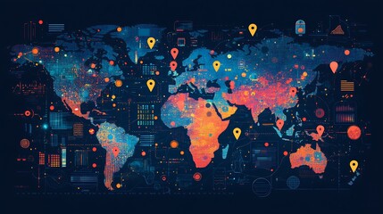 Poster - HighTech World Map Infographic Demonstrating Data Points and Global Information Network : Generative AI