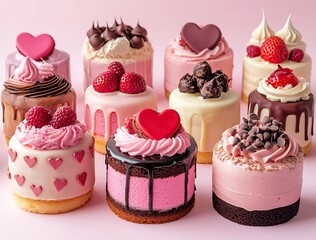 Aufkleber - Delicious assortment of decorated mini cakes with vibrant toppings in a sweet display on a pink background : Generative AI