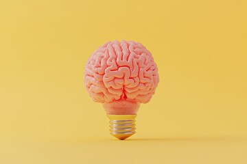 Poster - Pink brain lightbulb on yellow backdrop