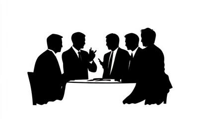 Poster - Silhouetted business meeting with five professionals discussing strategies around a table