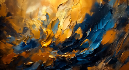 Poster - Abstract artwork featuring dynamic brushstrokes in shades of gold and blue. The textured surface displays a blend of light and dark tones, creating depth and movement.