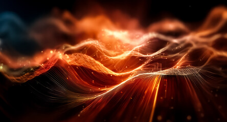 Fototapete - Abstract flowing lines of orange and yellow with a touch of blue create an energetic and vibrant image against a dark, blurry backdrop.
