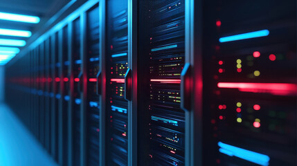 Poster - High tech server room with illuminated racks and data cables