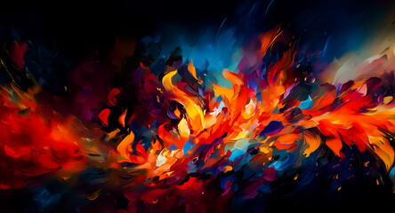 Aufkleber - Vibrant abstract painting with dynamic brushstrokes. Vivid colors like orange, red, yellow, and blue explode against a dark backdrop.