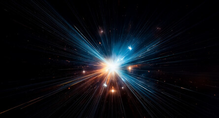 Leinwandbilder - Radiant core explodes with energy, casting blue and orange beams in darkness. Vibrant rays emanate outward, illuminating the black backdrop.