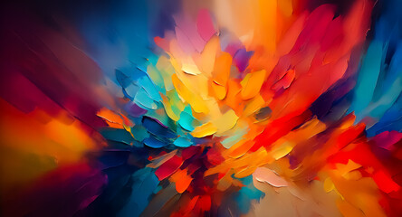 Poster - Vibrant brushstrokes burst across the canvas in an explosion of color.  Thick, textured paint creates a dynamic abstract composition, blending warm and cool hues in a painterly style.