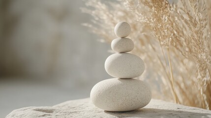 Poster - A stack of rocks formed in nature, symbolizing mindful balance and the beauty of natural simplicity