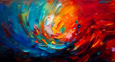 Poster - Vibrant abstract painting featuring swirling brushstrokes of blue, red, orange, and yellow. Dynamic and colorful artwork.
