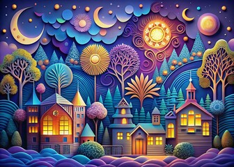Poster - Night Paper Art: Intricate Doodle Pattern, Illuminated