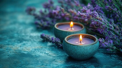Poster - Two elegant candles surrounded by purple flowers creating a serene atmosphere of mindful harmony and relaxation