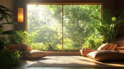 Poster - Serene room with large window allowing natural light to illuminate the cozy relaxation retreat atmosphere inside