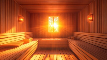 Poster - Brightly lit wooden sauna interior with sunlight streaming through the window creating a warm atmosphere