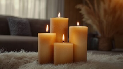 Poster - Elegant arrangement of three scented candles on a fluffy white rug creating a cozy and relaxing atmosphere