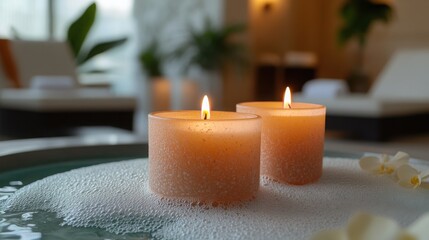 Poster - Two beautifully designed candles artfully placed on a decorative plate for an elegant spa setting