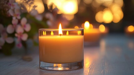 Poster - Delicate candle surrounded by fresh flowers creating a serene and relaxing atmosphere in any space