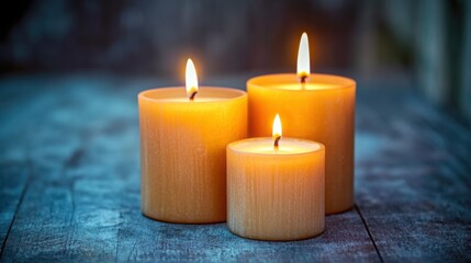 Poster - Three exquisite candles arranged on a rustic wooden table creating a warm and inviting atmosphere