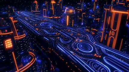 Poster - Futuristic Cityscape with Glowing Neon Roads and Buildings at Night minimal theme