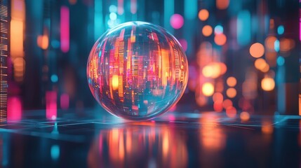 Poster - Dynamic digital sphere showcasing futuristic data visualizations in a vibrant tech environment
