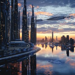 Poster - Futuristic Cityscape at Sunset with Skyscrapers and Reflections