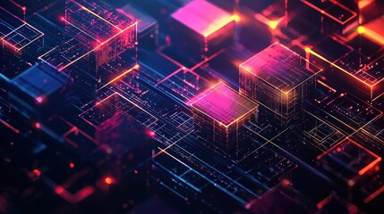 Fototapete - Aerial perspective of dynamic digital landscapes in futuristic virtual environments