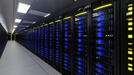 Poster - A high-tech data center corridor with glowing server racks, symbolizing cloud computing, cybersecurity, and IT infrastructure. Ideal for technology and business content