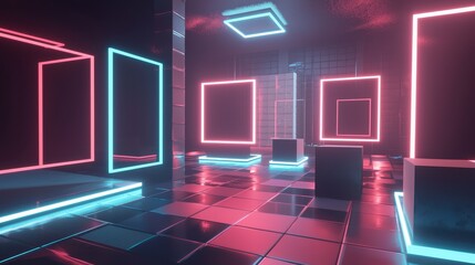 Poster - Neon Geometric Spaces with Bright Shapes and Modern Design Elements