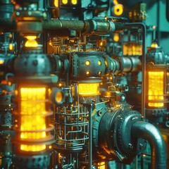 Poster - Intricate Industrial Machinery with Gleaming Pipes and Lit Gauges