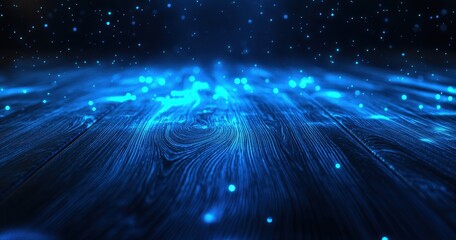 Fototapete - Blue Particles on Dark Background Creating a Magical Atmosphere with Wood Textures and Bright Lights Emitting in a Dimly Lit Environment