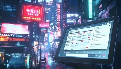 Poster - Futuristic Cityscape Tablet Displays Digital Interface