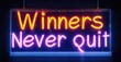 © antishock - Neon sign winners never quit deep navy fiery indigo floating international business summit softly reflecting led screens