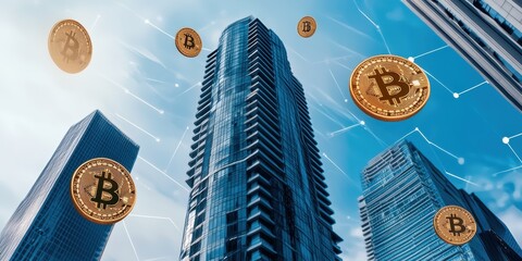 Poster - A modern cityscape featuring skyscrapers with floating Bitcoin coins, symbolizing the intersection of cryptocurrency and urban development.